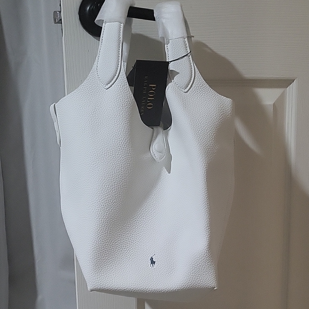 Ralph Lauren White Pebbled Leather Tote with Navy Polo Logo